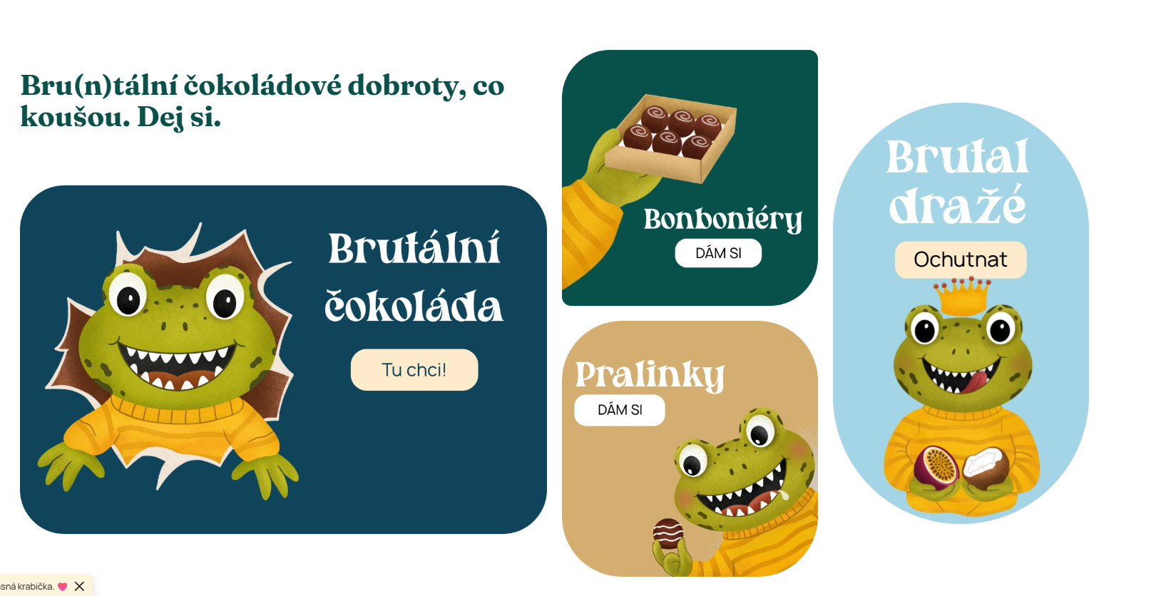 Nový e-shop Brutal Choco — kategorie produktů s maskotem