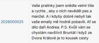 Recenze zákazníka — Pralinky snědla rychle, vaše emaily mě hodně pobavily