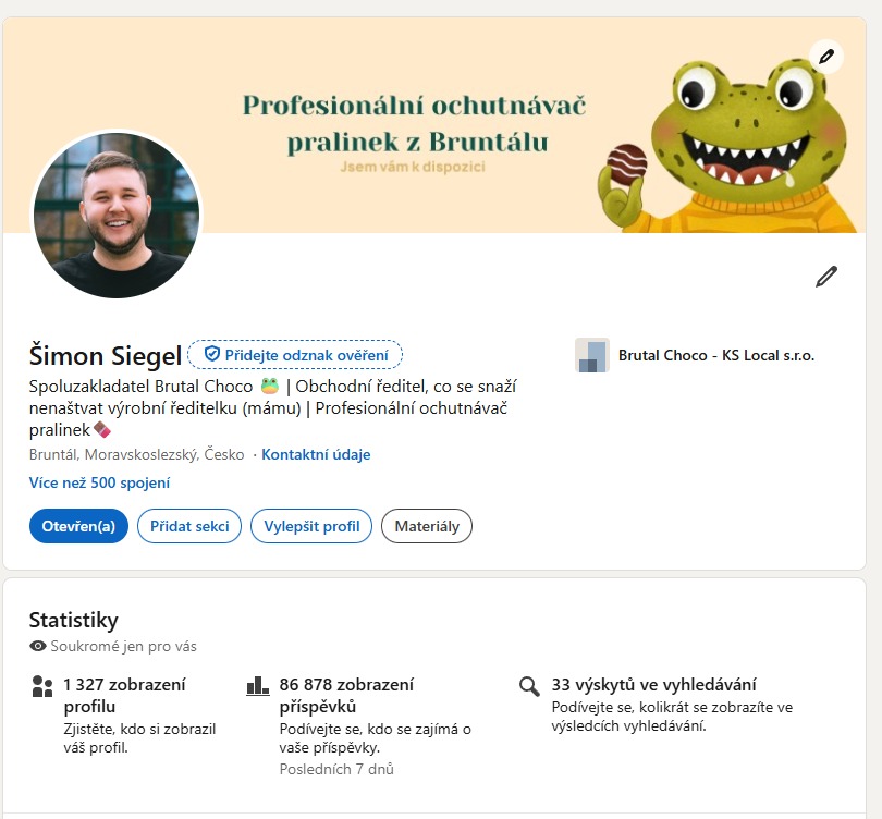 Optimalizovaný LinkedIn profil Brutal Choco s profesionálním bannerem