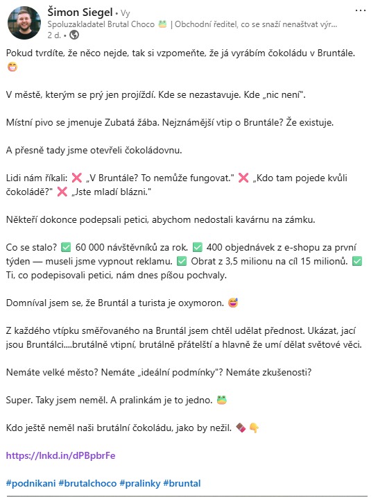 Ukázka textu LinkedIn příspěvku — storytelling formát