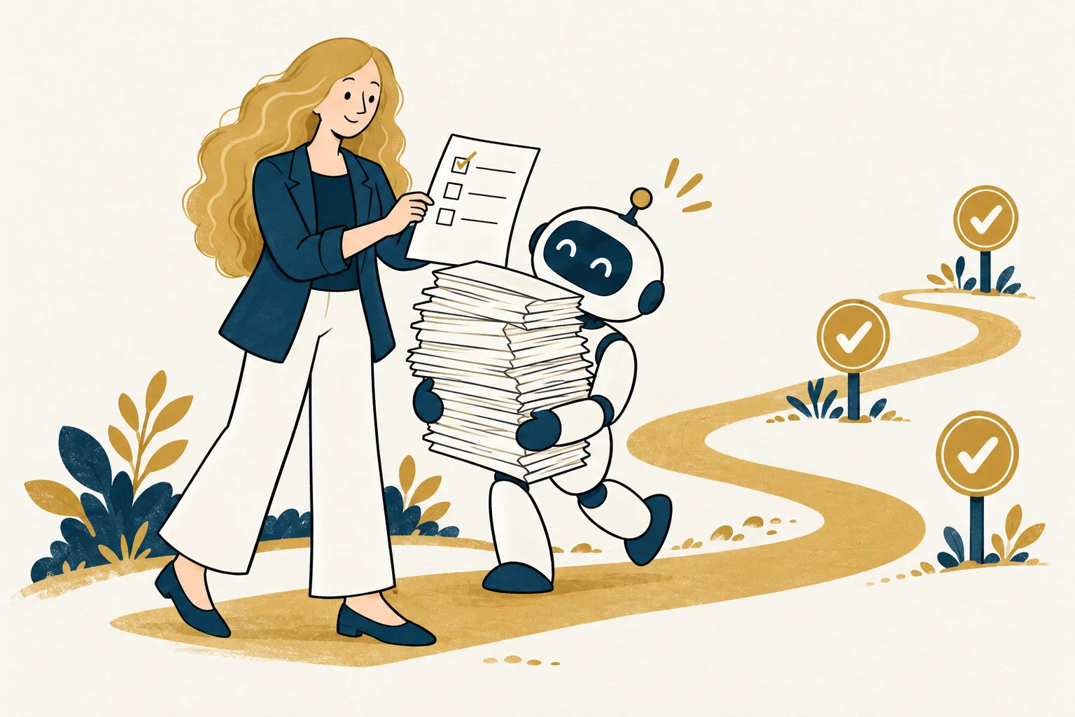 Žena pomáhá robotovi se stohem papírů vybrat praktický checklist
