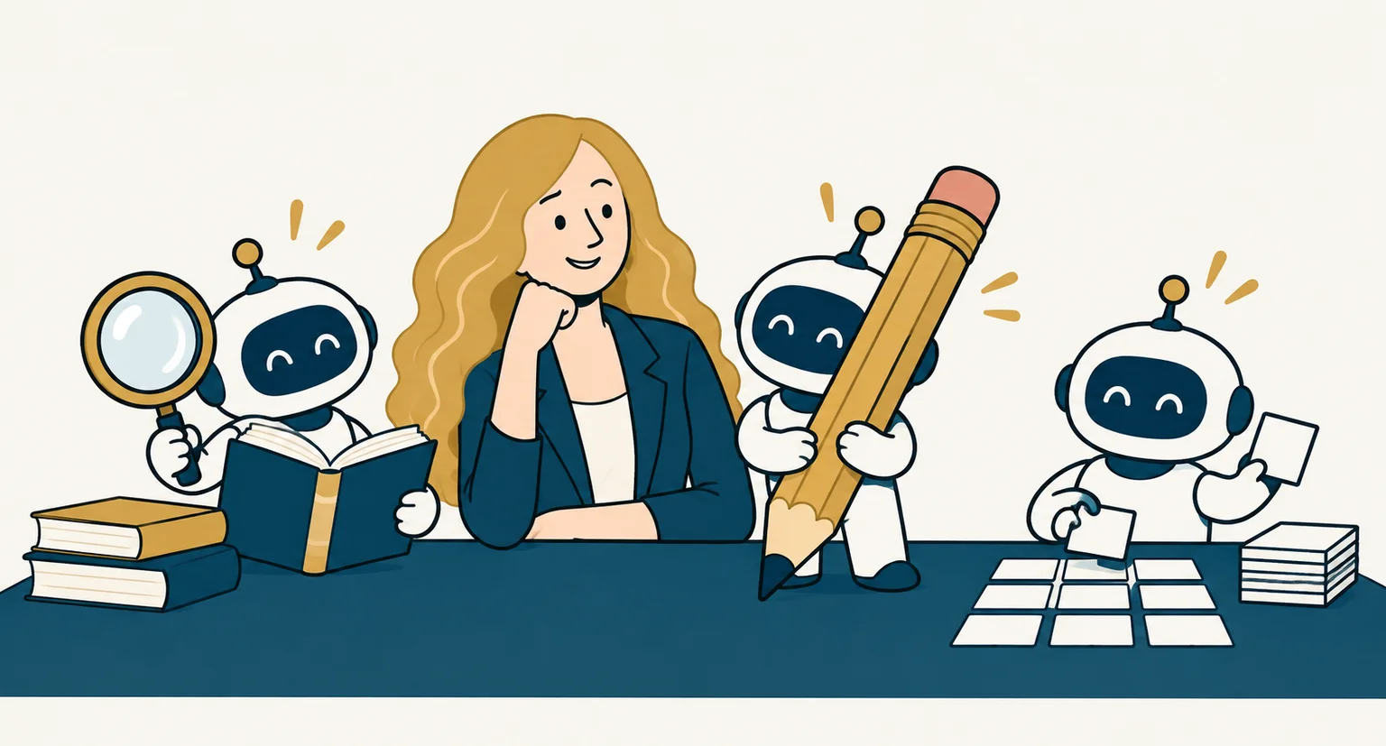 Žena vybírá ze tří robotích pomocníků pro rešerši, psaní a data